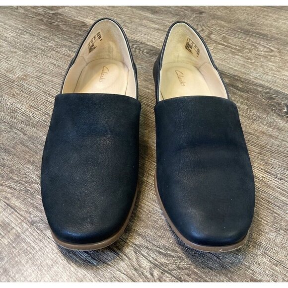 Clarks Cushion Pure Tone Womens Sz 5.5M Black Leather Slip On Heel Loafers Flats - Picture 3 of 12